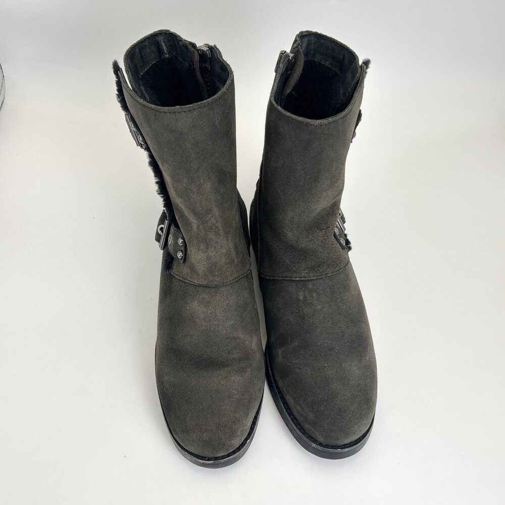 UGG Niels II Boots Womens 7 Black Suede Sheepskin Mid-Calf Zipper Biker 1095130 - Picture 3 of 9